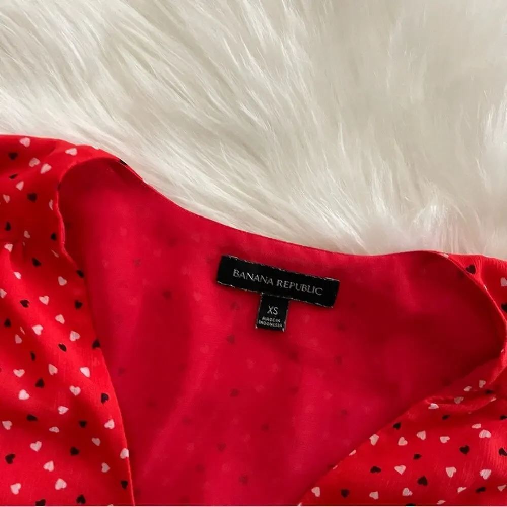 Banana Republic Puff Sleeve Wrap Red Hearts Tie‎ Blouse XS